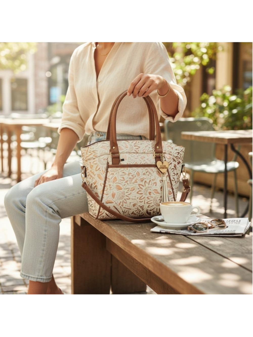 Sunflower Off White Light Beige Gold Brown Embossed Tooled Artisan LEATHER Purse